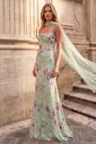 Light Green Mermaid Sequins Floral Strapless Long Ball Dress with Chiffon Sash