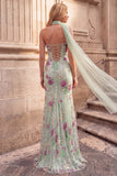 Light Green Mermaid Sequins Floral Strapless Long Ball Dress with Chiffon Sash
