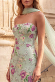 Light Green Mermaid Sequins Floral Strapless Long Ball Dress with Chiffon Sash