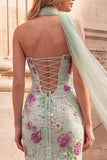 Light Green Mermaid Sequins Floral Strapless Long Ball Dress with Chiffon Sash