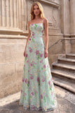 Light Green A-Line Floral Sequins Spaghetti Straps Long Ball Dress