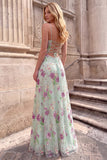 Light Green A-Line Floral Sequins Spaghetti Straps Long Ball Dress