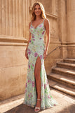 Light Green Mermaid V-Neck Sequins Beaded Long Ball Dress with Slit