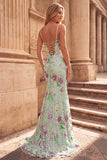 Light Green Mermaid V-Neck Sequins Beaded Long Ball Dress with Slit