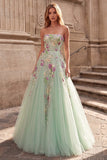 Light Green Sequins Floral A-Line Tulle Strapless Long Ball Dress
