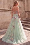 Light Green Sequins Floral A-Line Tulle Strapless Long Ball Dress