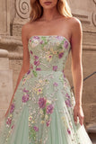 Light Green Sequins Floral A-Line Tulle Strapless Long Ball Dress
