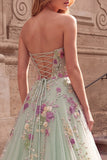 Light Green Sequins Floral A-Line Tulle Strapless Long Ball Dress