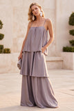 Fog Satin Spaghetti Straps Tiered Maxi Wedding Guest Dress with Pockets