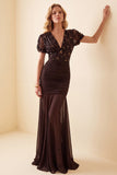 Brown Mermaid V-Neck Ruched Puff Short Sleeves Chiffon Long Formal Dress with Sequins