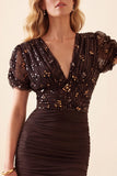 Brown Mermaid V-Neck Ruched Puff Short Sleeves Chiffon Long Formal Dress with Sequins