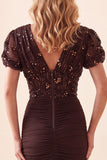Brown Mermaid V-Neck Ruched Puff Short Sleeves Chiffon Long Formal Dress with Sequins