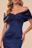 Dark Blue Mermaid Off the Shoulder Satin Ruched Long Formal Dress