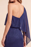 Dark Blue Sheath One Shoulder Long Formal Dress with Slit