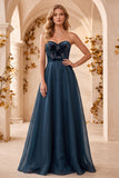Navy A-Line Strapless Velvet Organza Long  Formal Dress