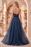 Navy A-Line Strapless Velvet Organza Long  Formal Dress