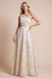 Ivory A-Line One Shoulder Printed Maxi Formal Dress