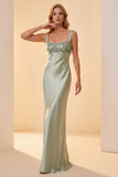 Light Green Sheath Square Neck Satin Sequins Long Formal Dress with Feathers