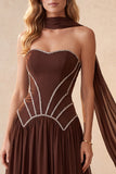 Coffee Corset Sweetheart A-Line Long Formal Dress with Rhinestone