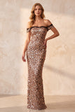 Khaki Mermaid Off the Shoulder Sequins Long Formal Dress
