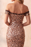 Khaki Mermaid Off the Shoulder Sequins Long Formal Dress