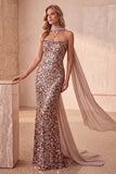 Khaki Sequins Mermaid Strapless Long Formal Dress with Draped Chiffon Sash
