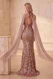 Khaki Sequins Mermaid Strapless Long Formal Dress with Draped Chiffon Sash