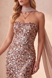 Khaki Sequins Mermaid Strapless Long Formal Dress with Draped Chiffon Sash