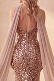 Khaki Sequins Mermaid Strapless Long Formal Dress with Draped Chiffon Sash