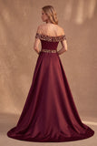 Burgundy A-Line Off the Shoulder Satin Long Formal Dress with Sequins