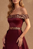 Burgundy A-Line Off the Shoulder Satin Long Formal Dress with Sequins