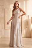 Silver A-Line One Shoulder Long Formal Dress with Appliques