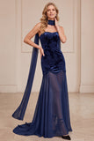 Navy Mermaid Velvet Strapless Chiffon Floral Long Formal Dress
