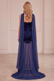 Navy Mermaid Velvet Strapless Chiffon Floral Long Formal Dress