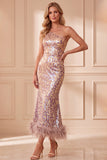 Vintage Mauve Mermaid One Shoulder Sequins Midi Formal Dress with Feathers