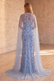 Slate Blue Mermaid Strapless Sequins Floral Long Formal Dress with Cape