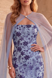 Slate Blue Mermaid Strapless Sequins Floral Long Formal Dress with Cape