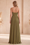 Olive A-Line Strapless Pleated Long Formal Dress with Rhinestones