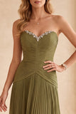 Olive A-Line Strapless Pleated Long Formal Dress with Rhinestones