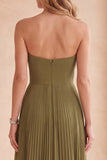 Olive A-Line Strapless Pleated Long Formal Dress with Rhinestones
