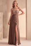 Coffee A-Line Strapless Ruched Sequins Chiffon Maxi Formal Dress with Beading