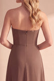 Coffee A-Line Strapless Ruched Sequins Chiffon Maxi Formal Dress with Beading