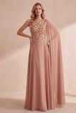Khaki A-Line Chiffon One Shoulder Beaded Long Formal Dress with Cape