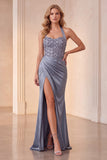 Dusty Blue Sheath Halter Ruched Satin Long Formal Dress with 3D Flower