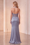 Dusty Blue Sheath Halter Ruched Satin Long Formal Dress with 3D Flower