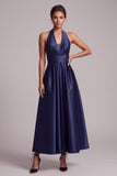 Dark Blue A-Line Halter Satin Ruched Midi Formal Dress