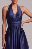 Dark Blue A-Line Halter Satin Ruched Midi Formal Dress