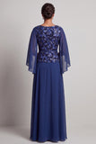 Navy A-Line Bateau Neck Printed Chiffon Long Mother of the Bride Dress with Flutter Sleeves
