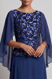 Navy A-Line Bateau Neck Printed Chiffon Long Mother of the Bride Dress with Flutter Sleeves