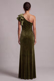 Olive Velvet Sheath Ruffled One Shoulder Long Formal Dress with Slit
